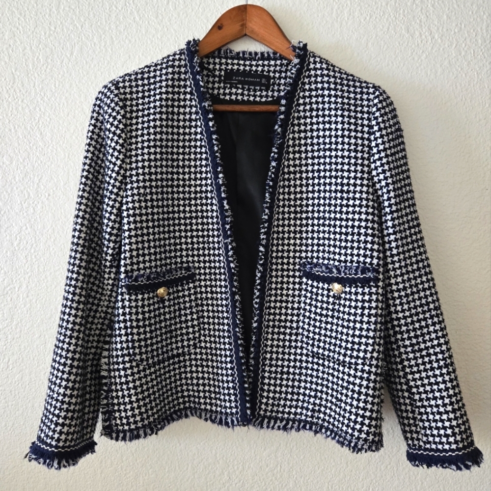 Zara Tweed Houndstooth Blazer Jacket